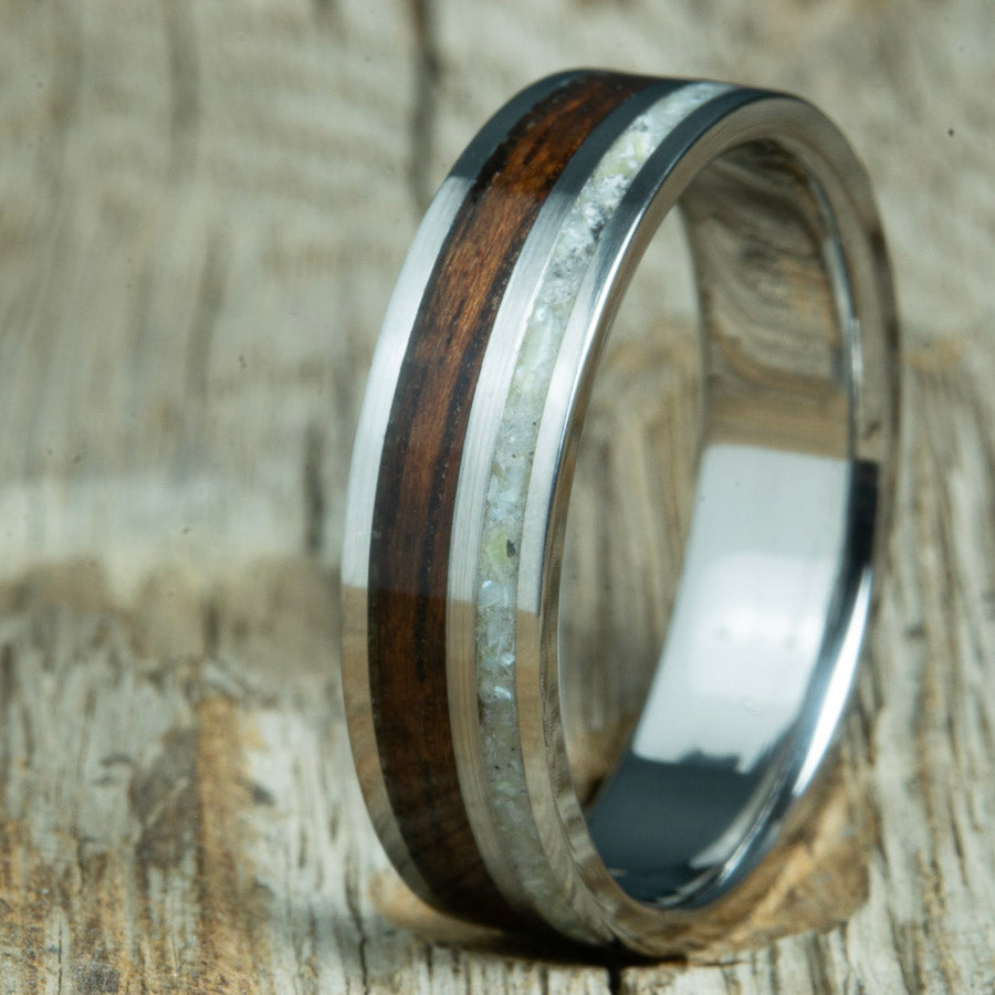 6mm ebony wood with mother of pearl inlay on 2 channel titanium band