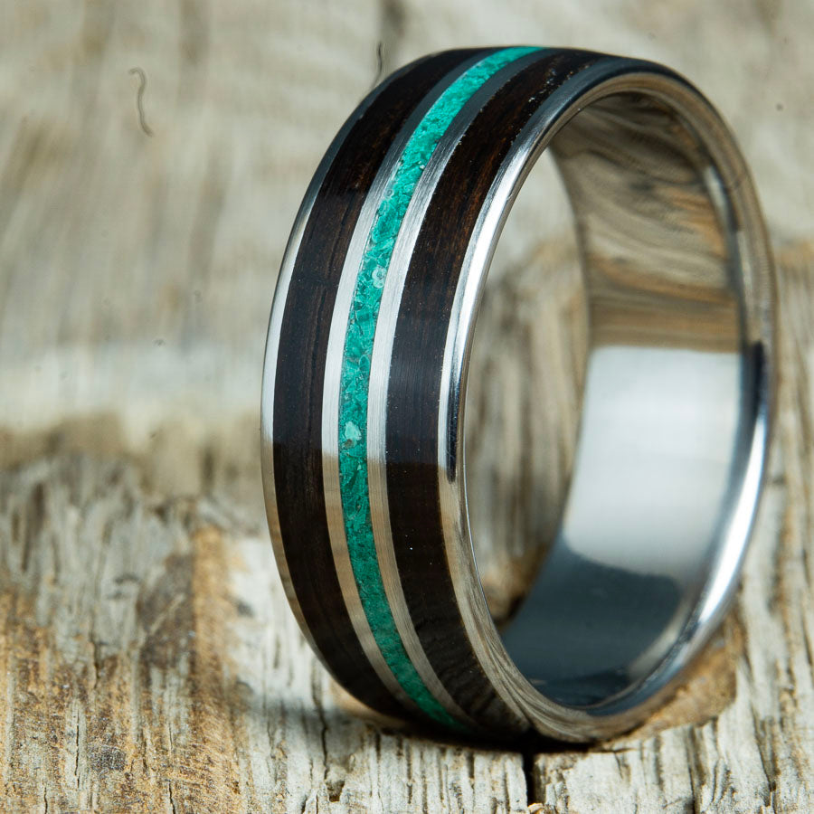 malachite stone inlay ring with volcano lava rock inlay