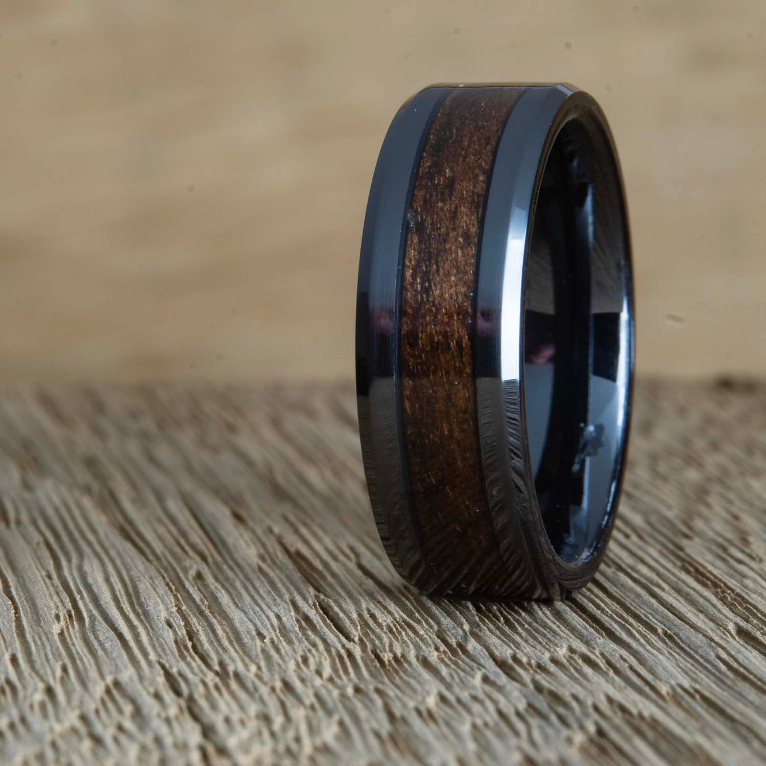 Black wedding band with Walnut wood