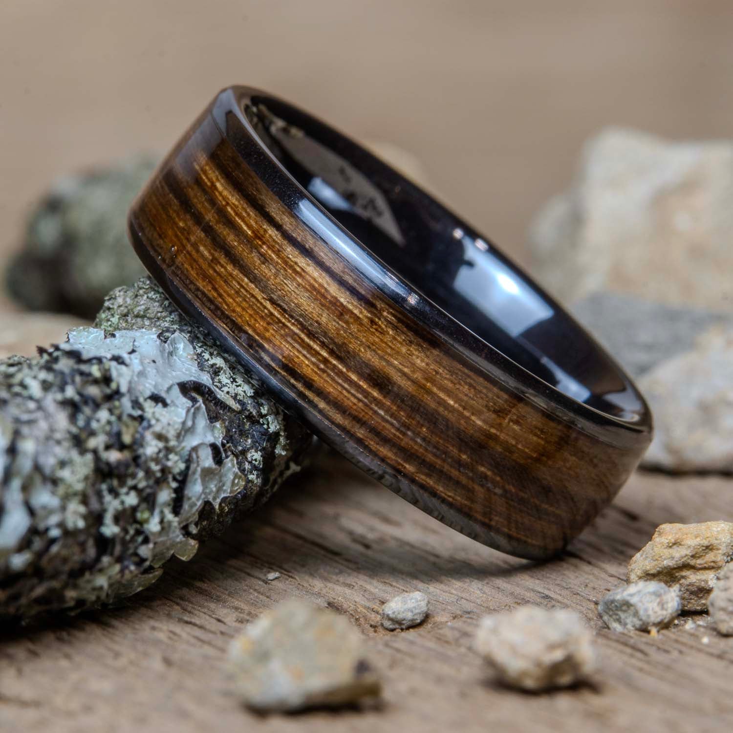 Whiskey barrel wood black wedding band