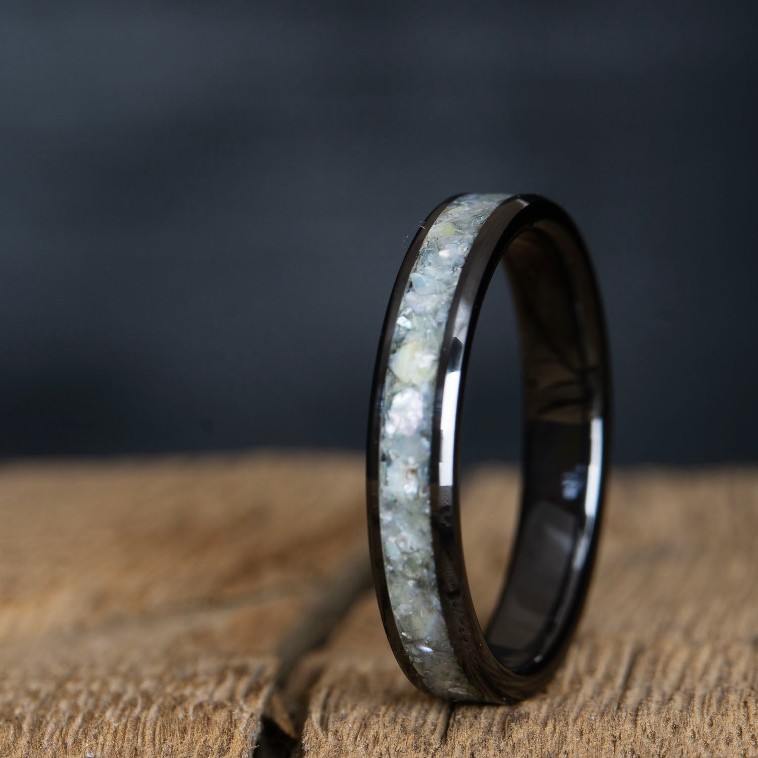 black ceramic wedding band with mother of pearl inlay