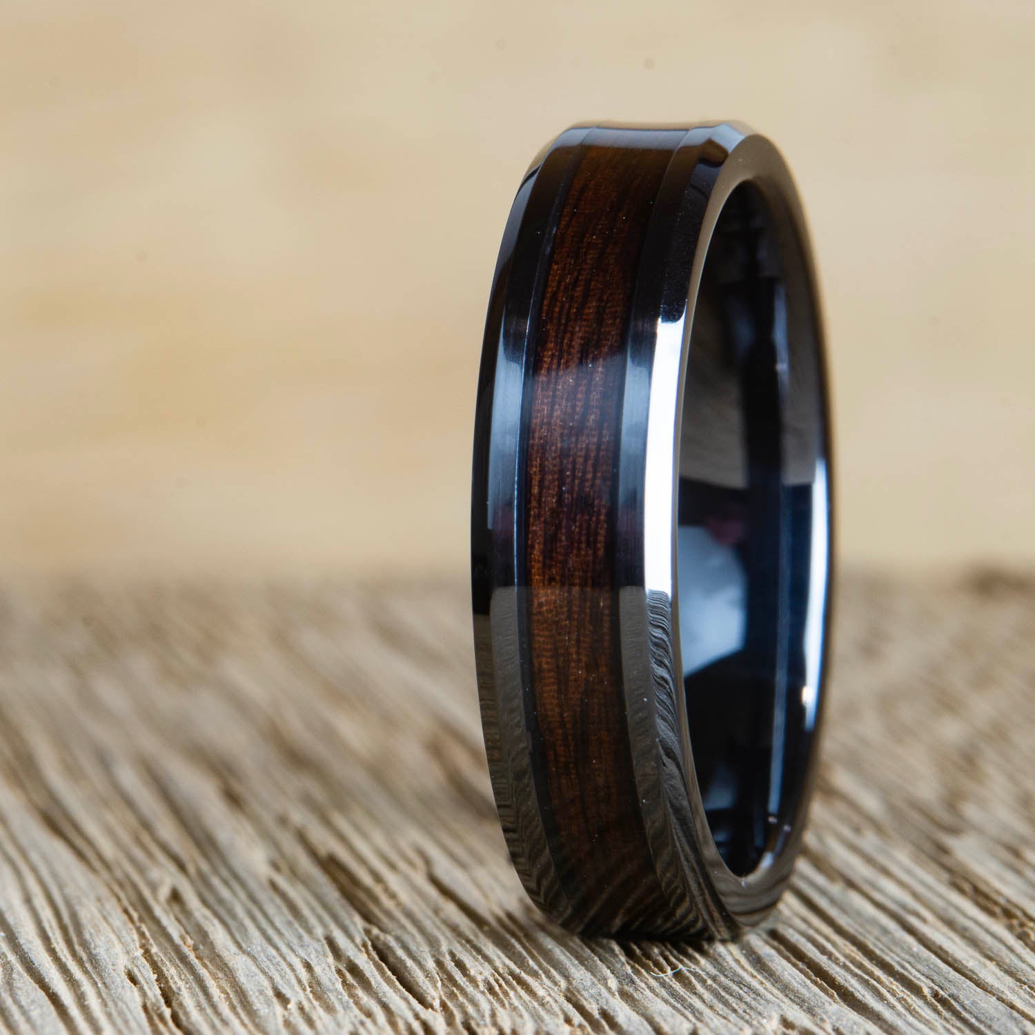 black wedding band with rosewood inlay