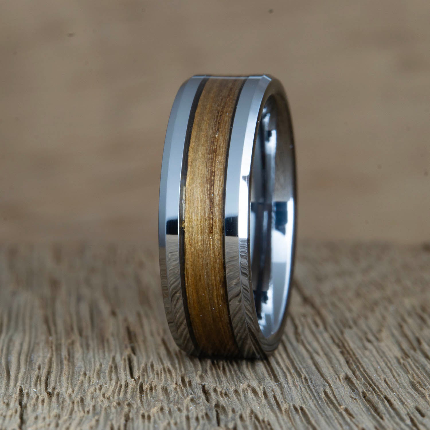 wedding band with crown royal whiskey barrel wood inlay