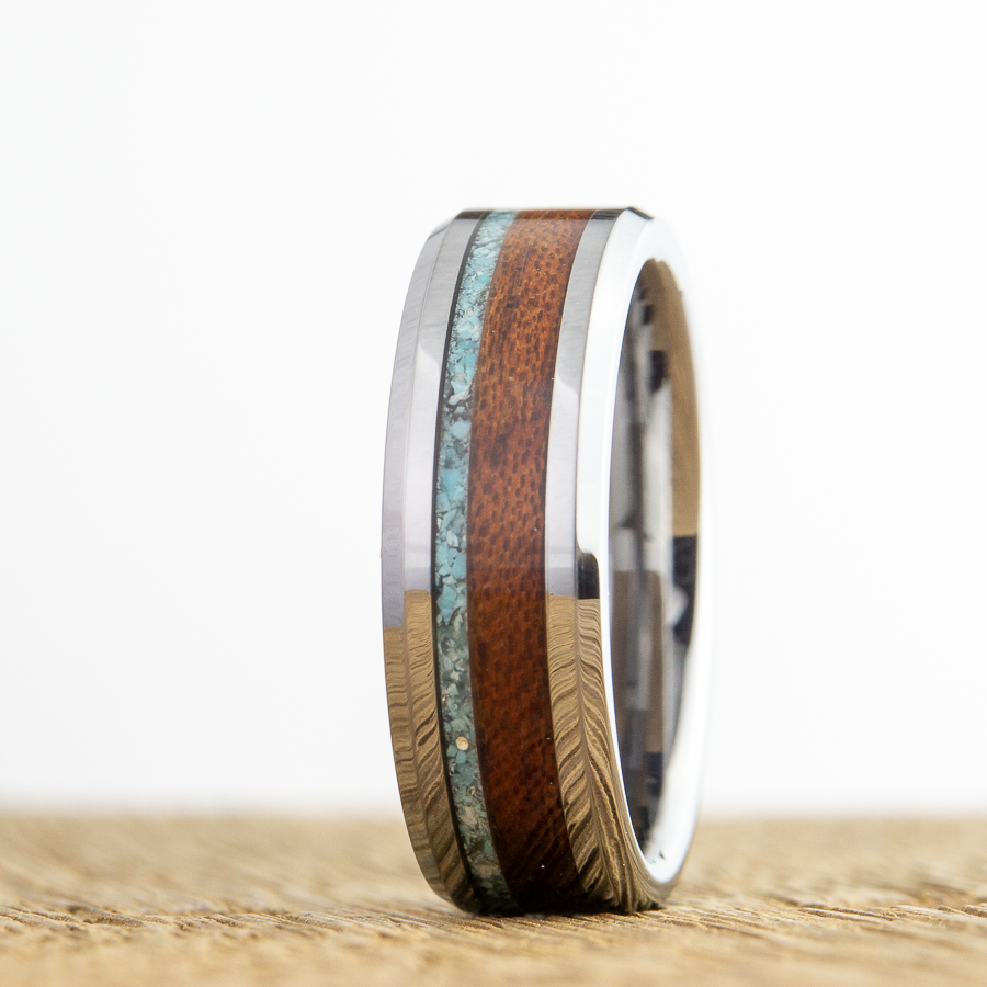 tungsten ring with acacia wood and turquoise