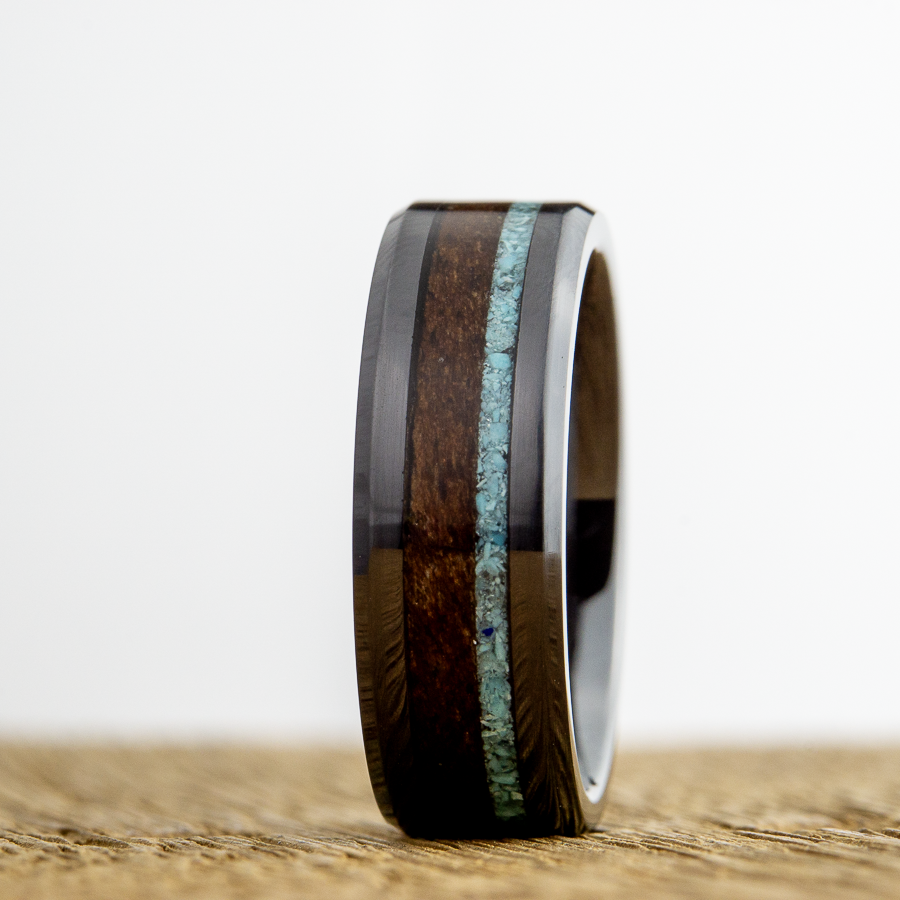 black ring with walnut wood and turquoise