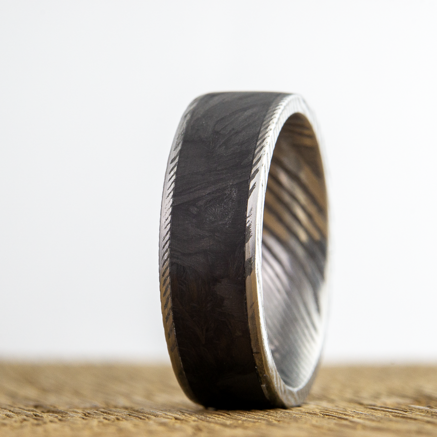Damascus and carbon fiber wedding bands
