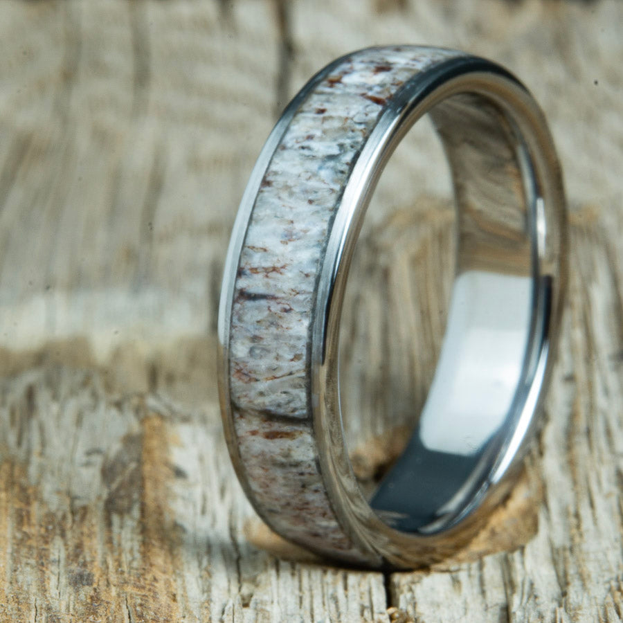 deer antler 6mm custom made by Peacefield Titanium. waterproof and polished for a super durable Antler ring