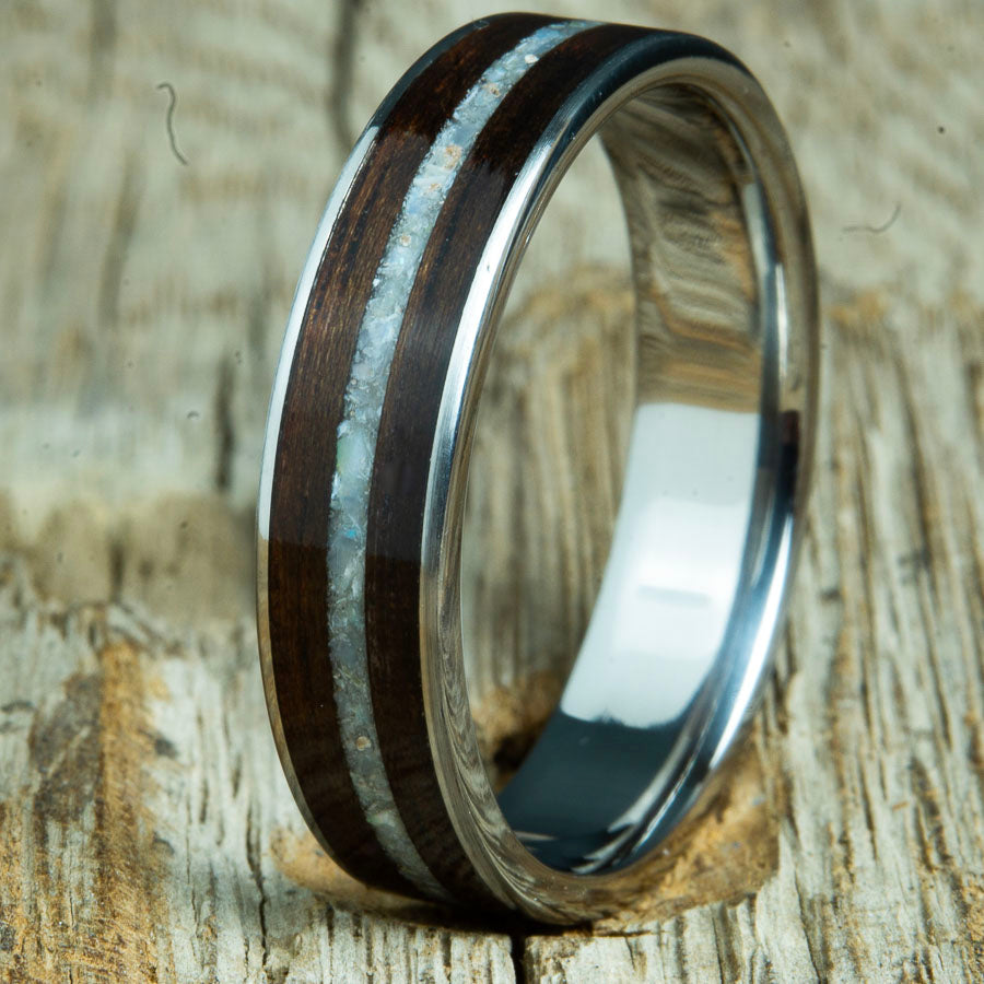 6mm wide wedding band with ebony wood and mother of pearl inlay