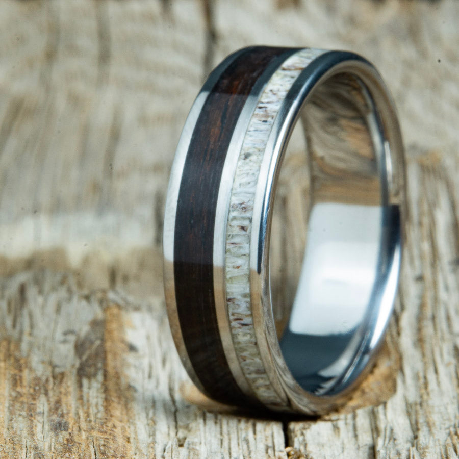 Ebony wood ring with deer antler