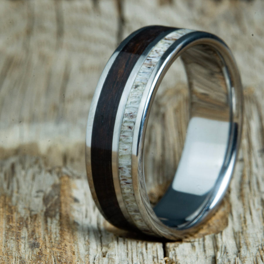 Ebony wood ring with deer antler