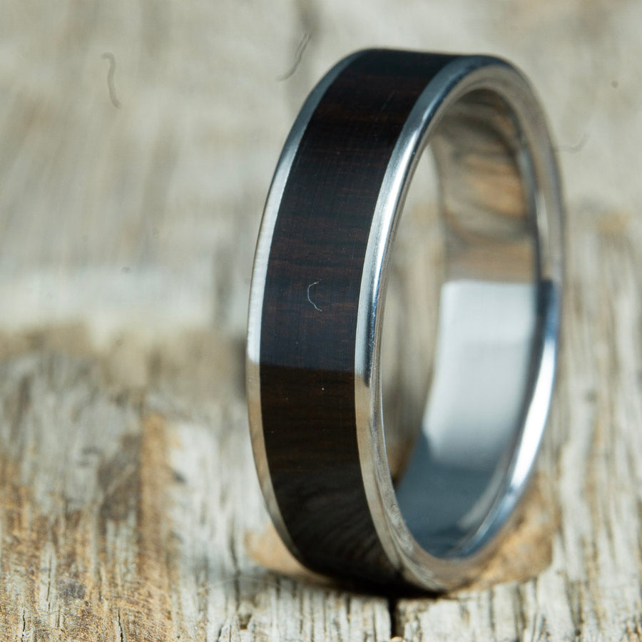ebony wooden wedding band with polished titanium
