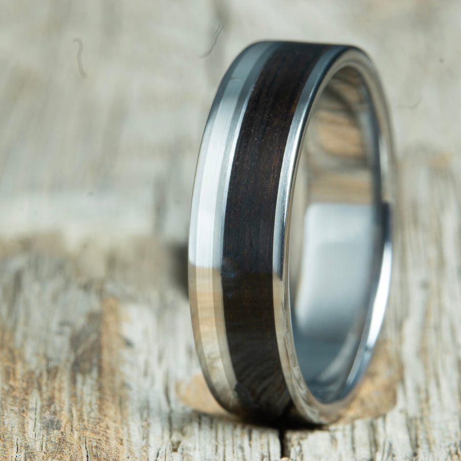 ebony and silver wedding band with polished titanium