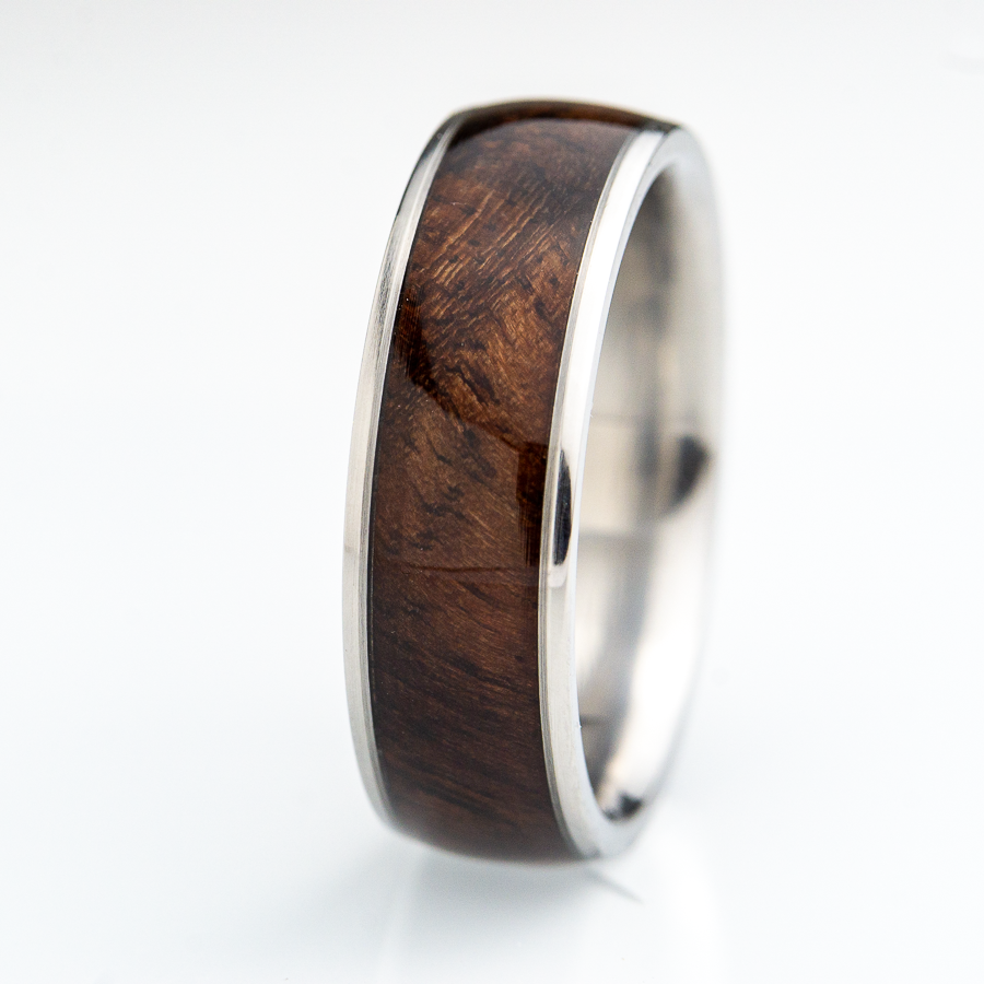 Wood ring with gunstock walnut and titanium