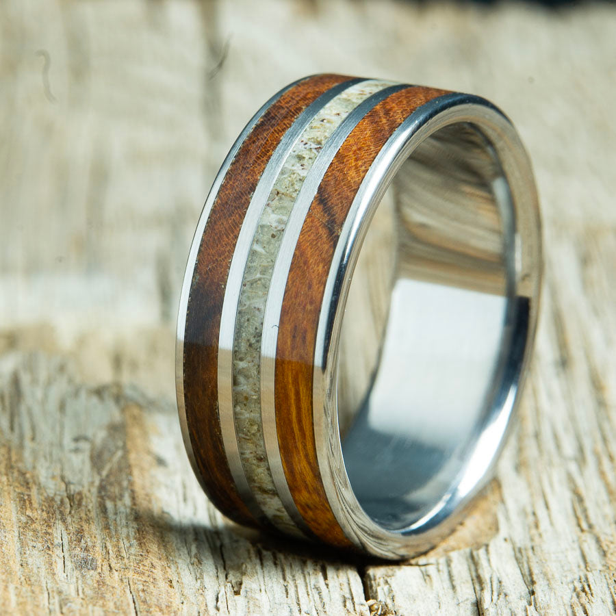 Antler wedding bands with ironwood inlays