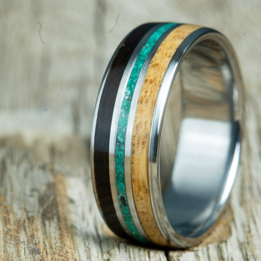 whiskey barrel and ebony with malachite inlay mens ring