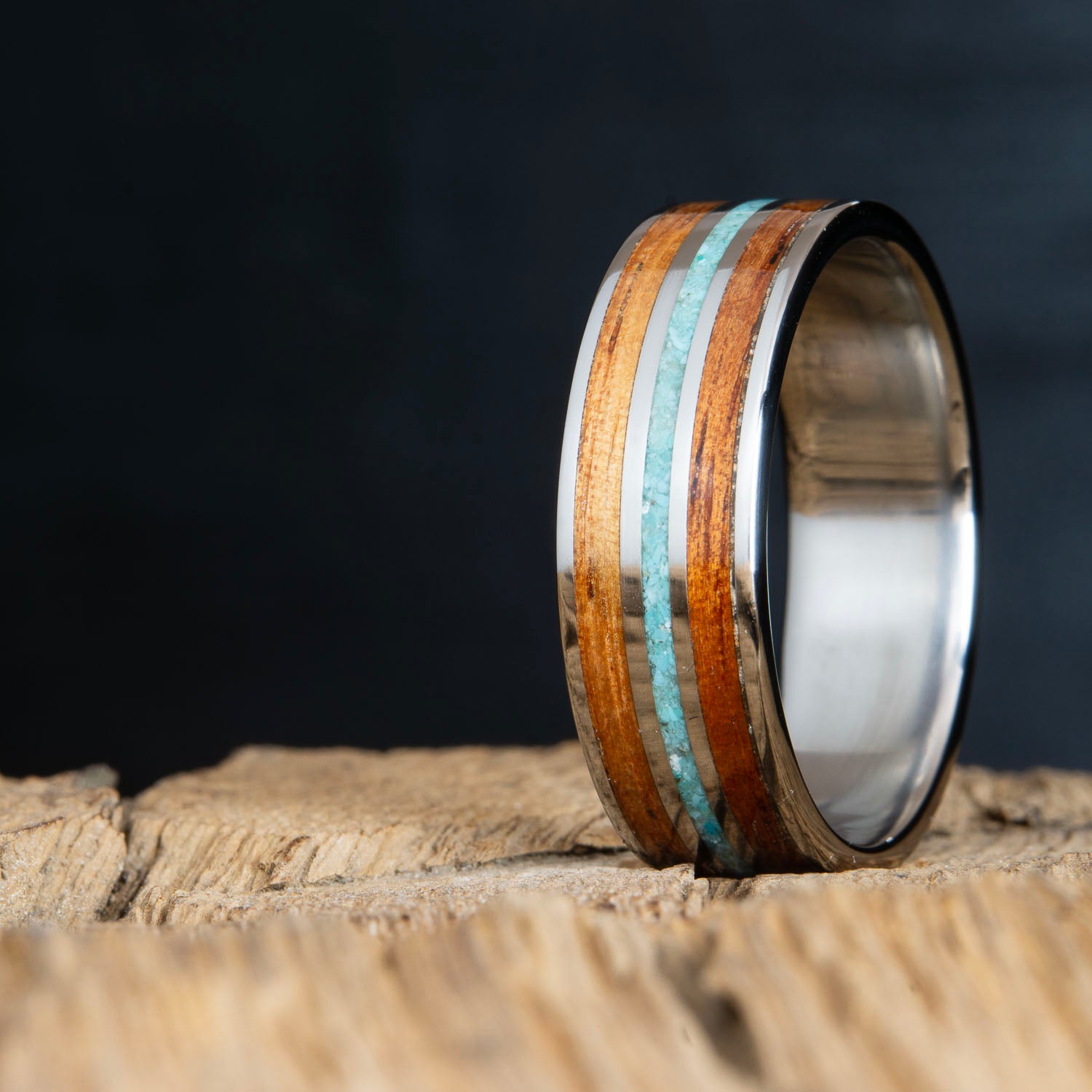 koa and turquoise mens wood wedding band