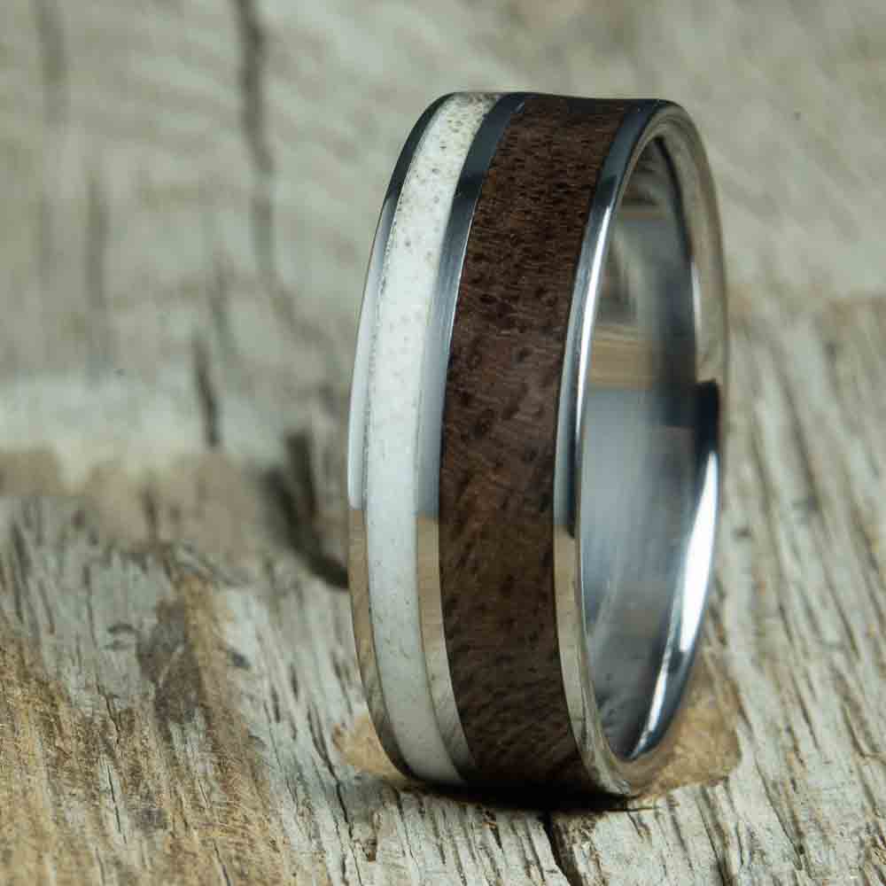 deer antler and walnut wood inlay on titanium ring