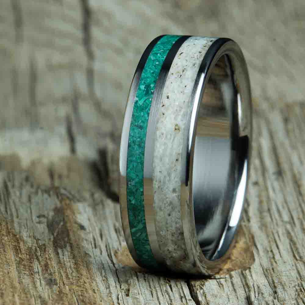 Malachite and antler inlay titanium ring