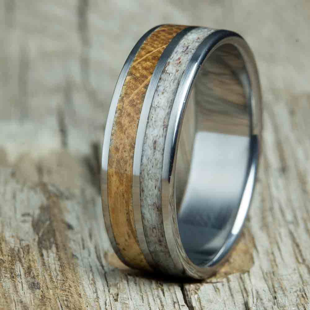 whiskey barrel wood and titanium with antler ring