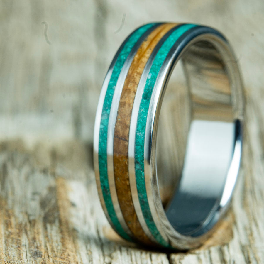 mens whiskey barrel rings with malachite stone and titanium