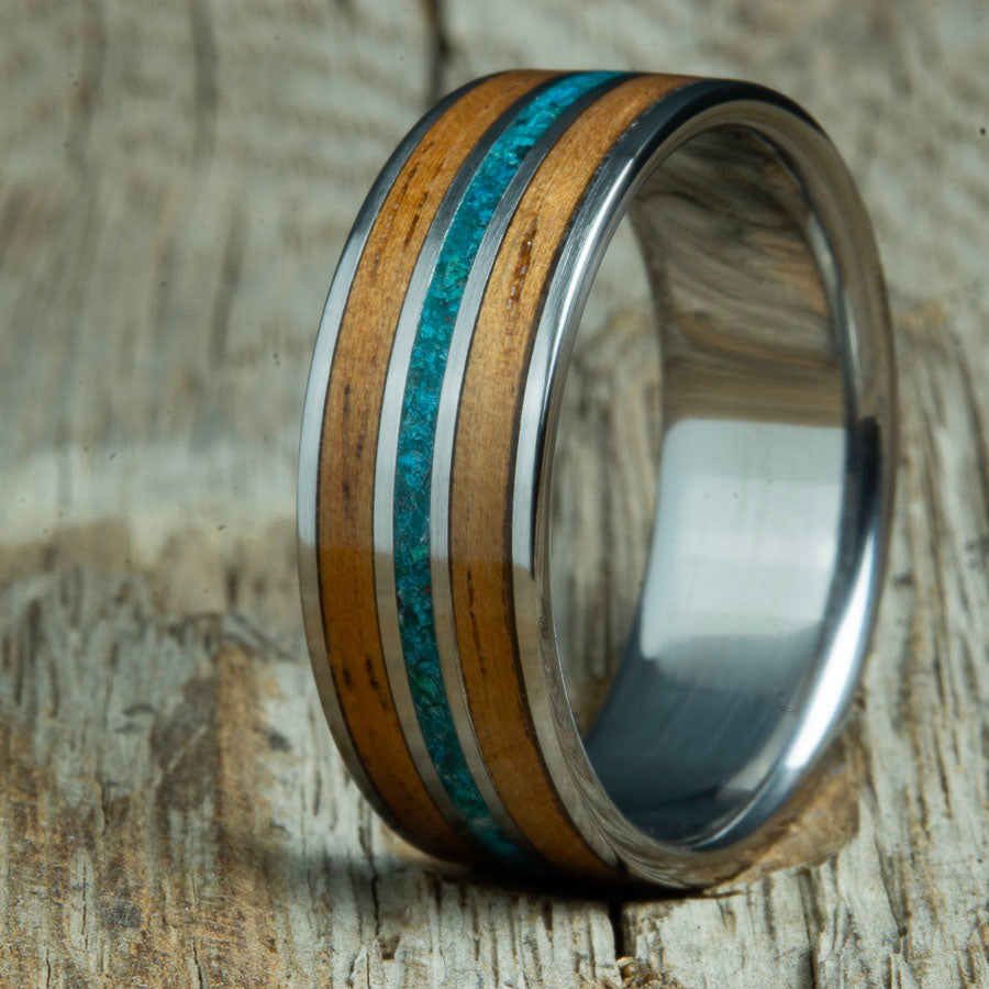 Koa wood wedding ring with chrysocolla stone. Handcrafted custom mens rings made by Peacefieldtitanium.com