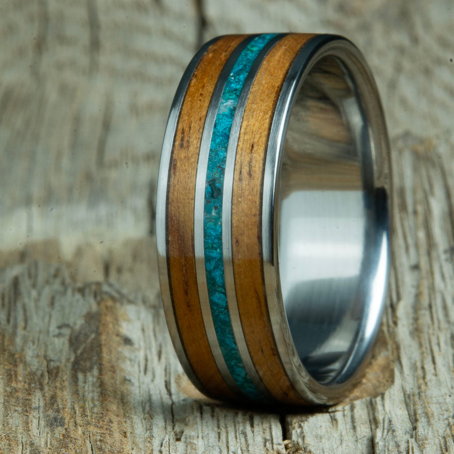 Koa wood wedding ring with chrysocolla stone. Handcrafted custom mens rings made by Peacefieldtitanium.com