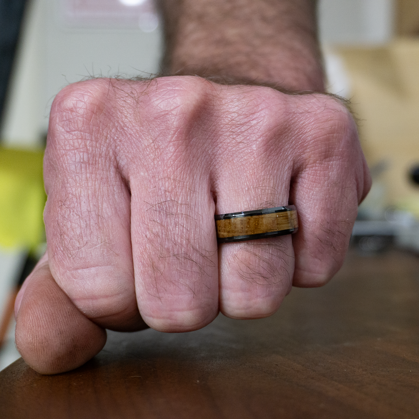 whiskey barrel ring on finger