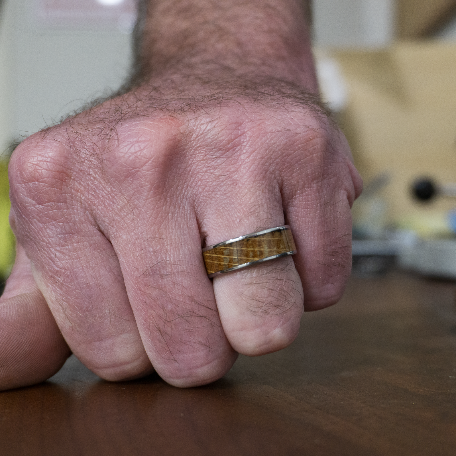 whiskey barrel ring on finger