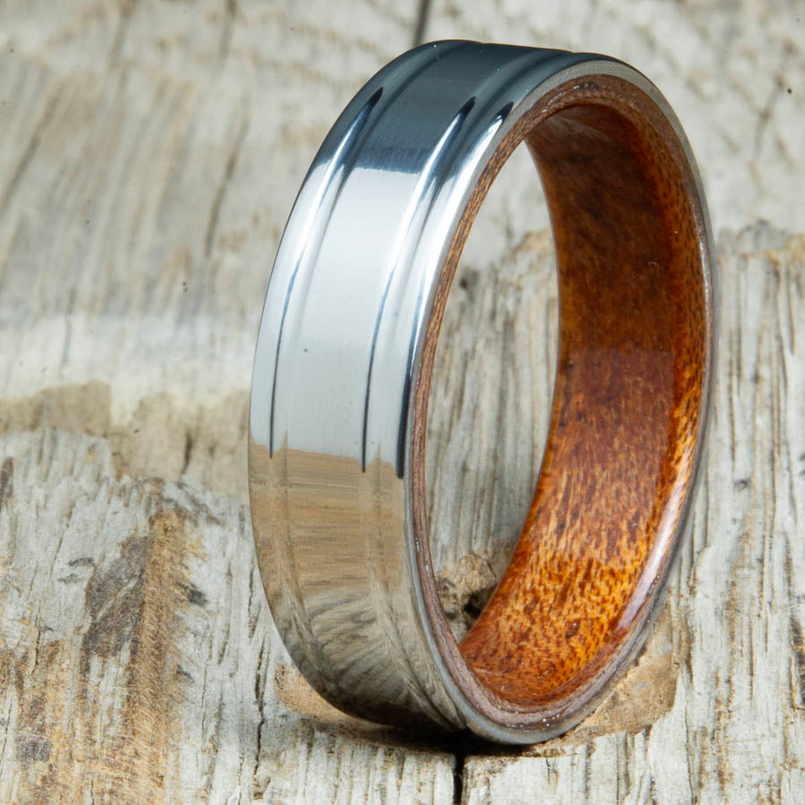 double groove polished titanium Acacia wood ring. Custom unique titanium wood rings made by Peacefield Titanium