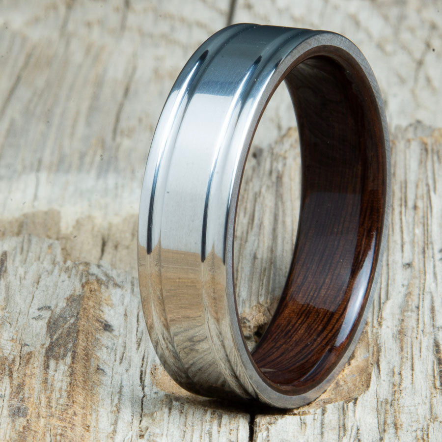 double groove polished titanium Rosewood wood ring. Custom unique titanium wood rings made by Peacefield Titanium