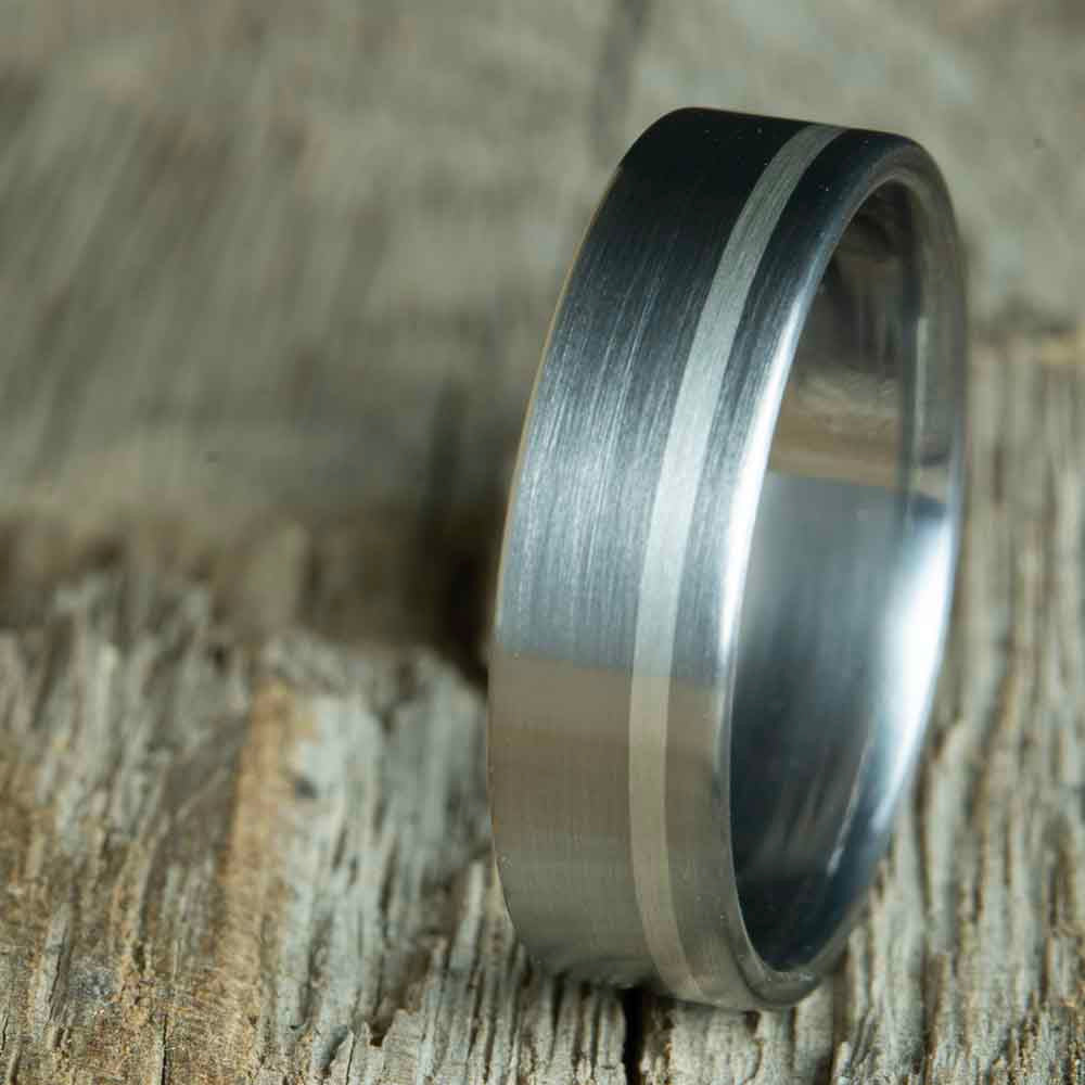 classic satin titanium wedding band with silver pinstripe