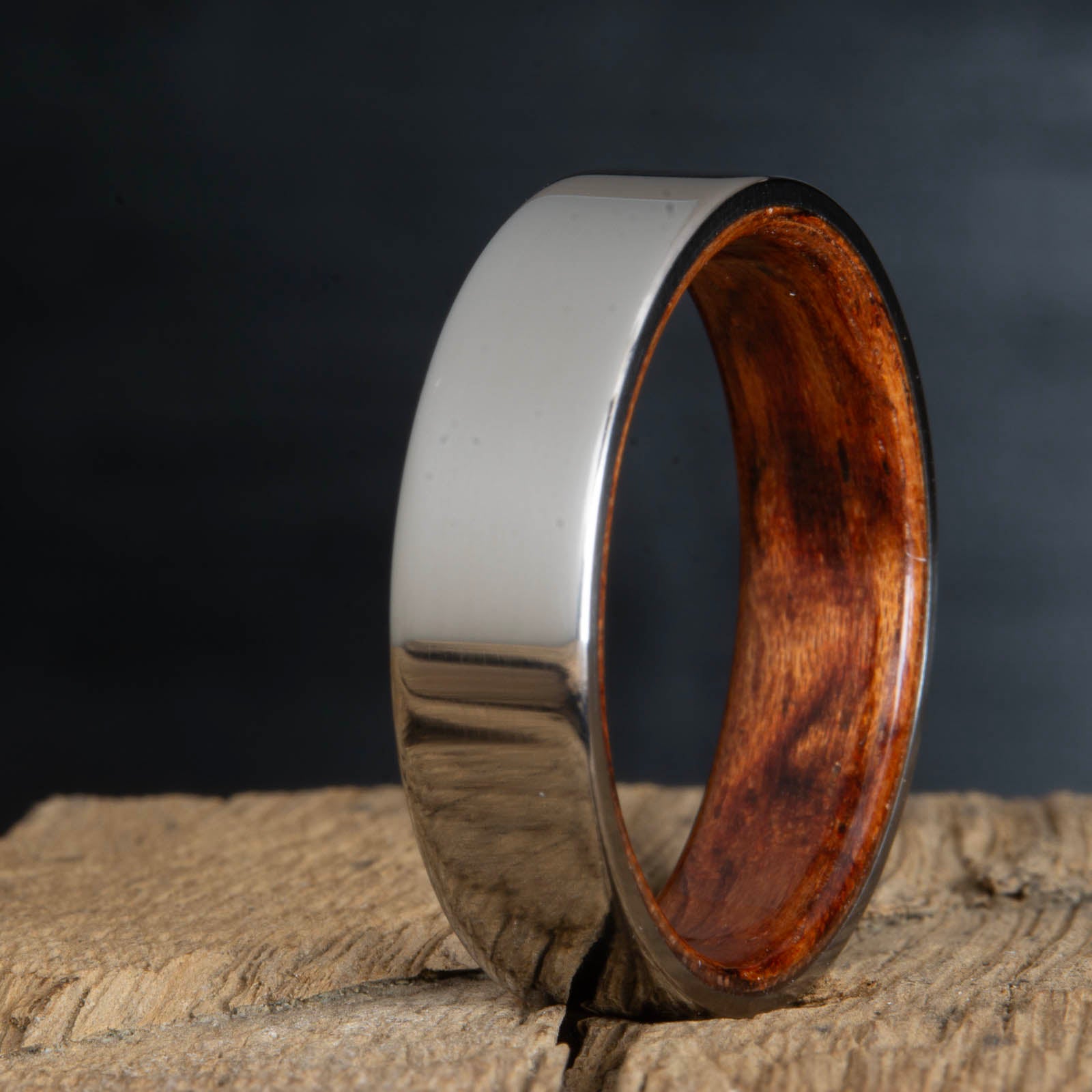 polished titanium with bubinga wood ring interior