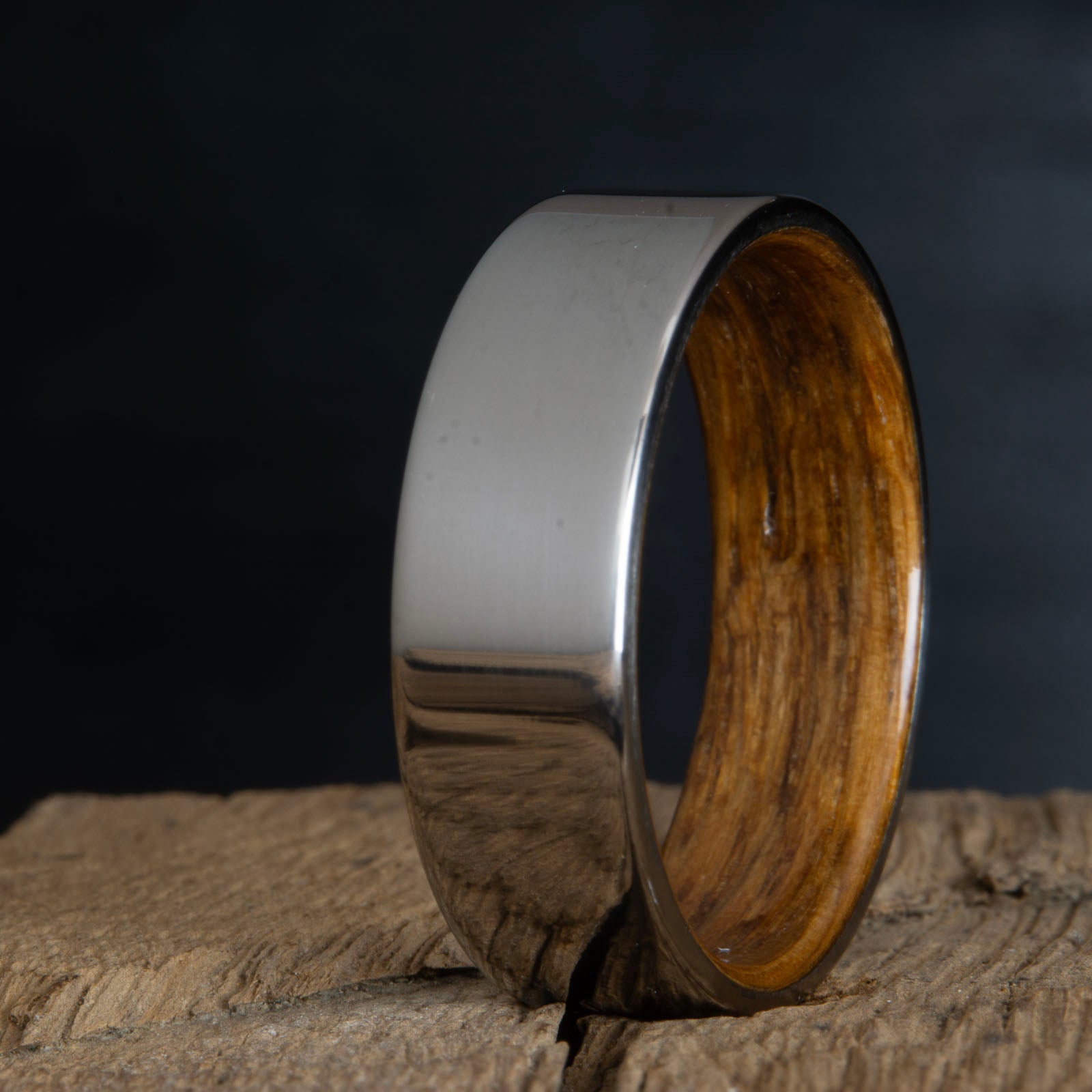 titanium whiskey barrel wood ring- polished titanium wood ring