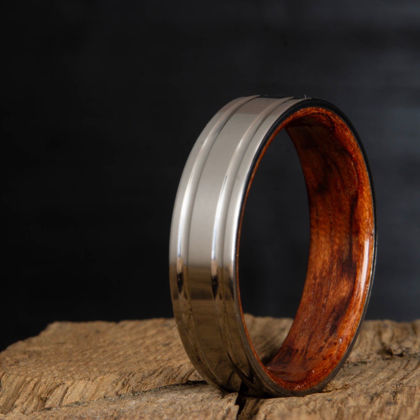 Double Grooved Satin Titanium and Bubinga Wood Ring 5mm / 5-14 whole-half-quarter-available-enter in Notes During Checkout