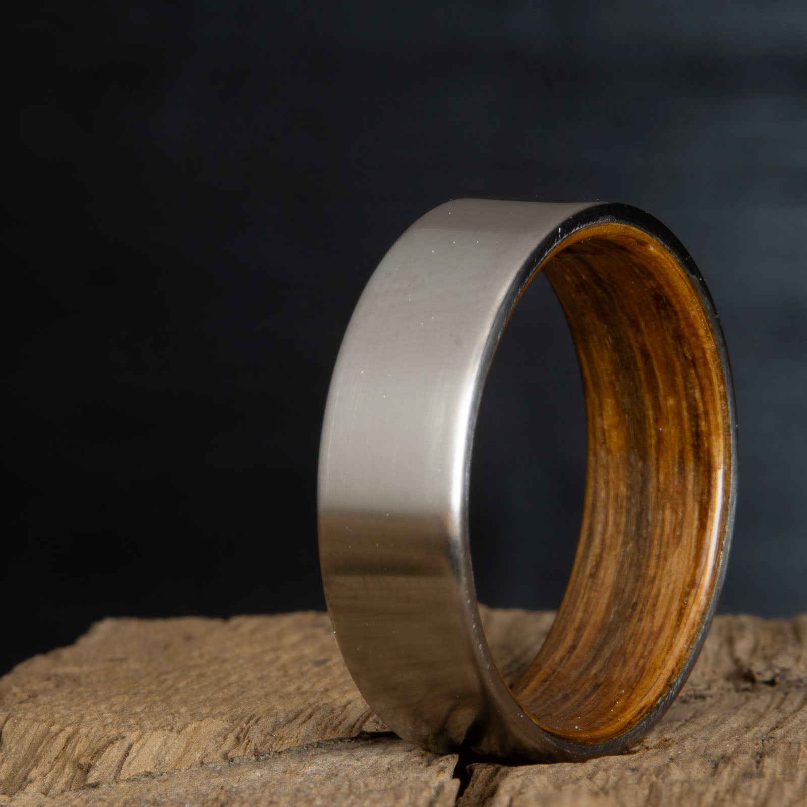 Satin Titanium Wood Lined Ring with Whiskey Barrel White Oak 6mm / 5-14 whole-half-quarter-available-enter in Notes During Checkout
