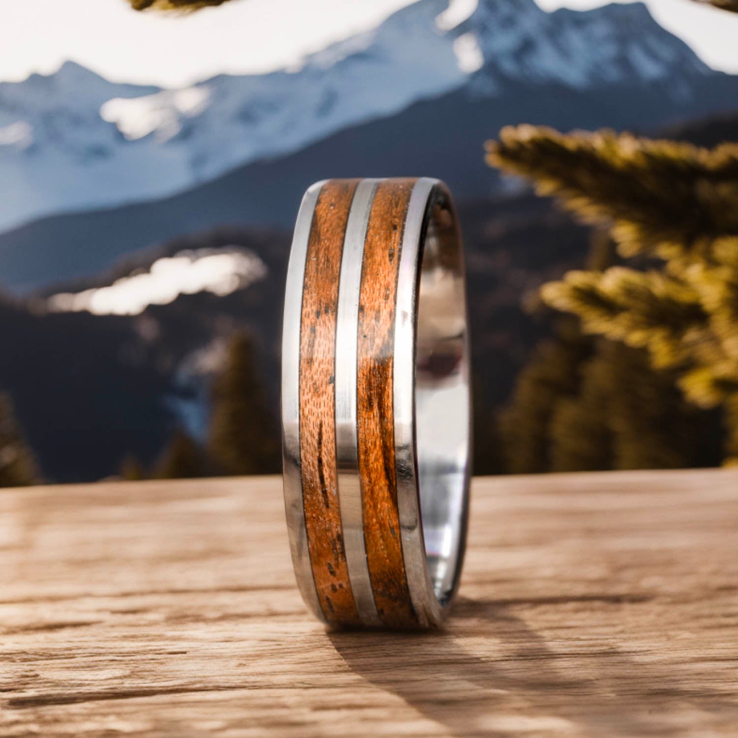 mens ring with 2 bubinga wood inlays on titanium