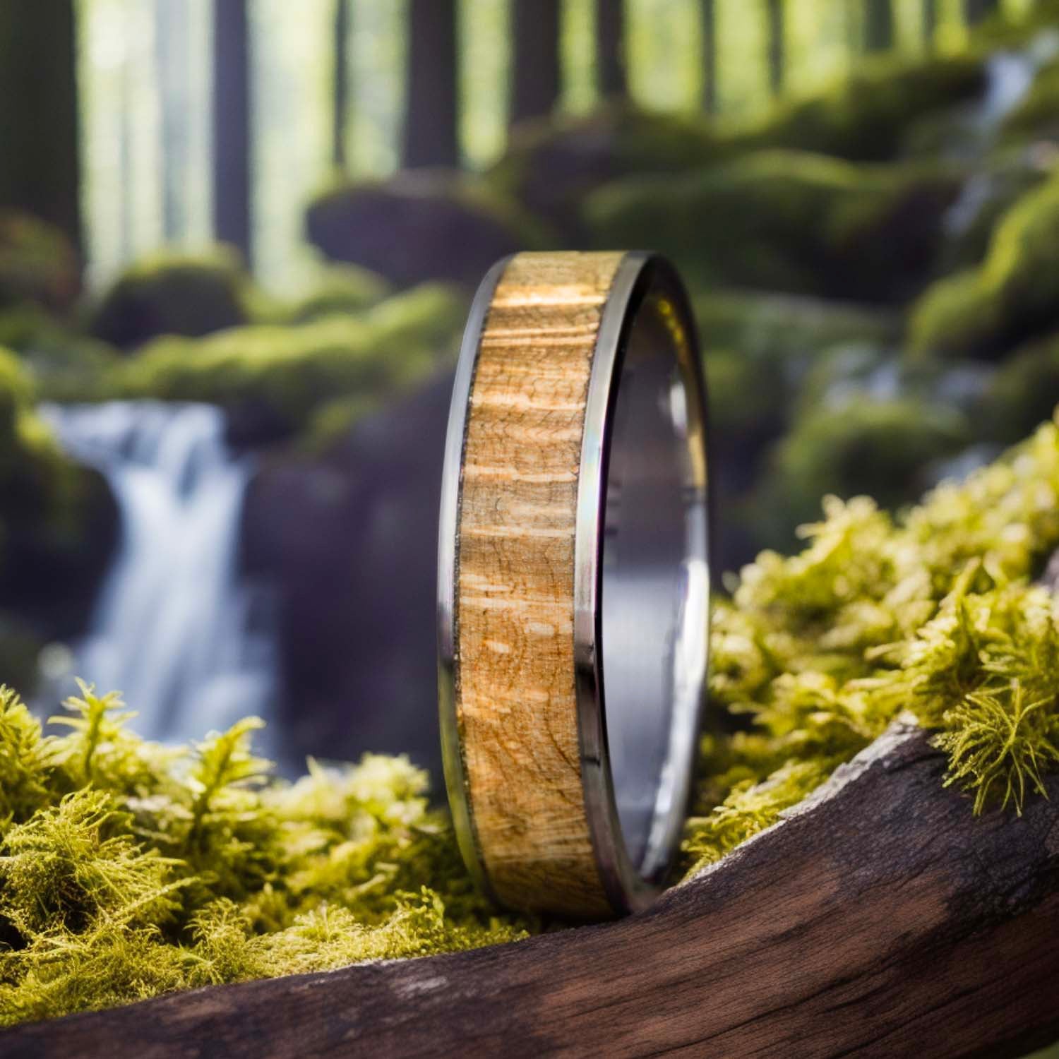 unique mens wedding band with oak burl wood inlay