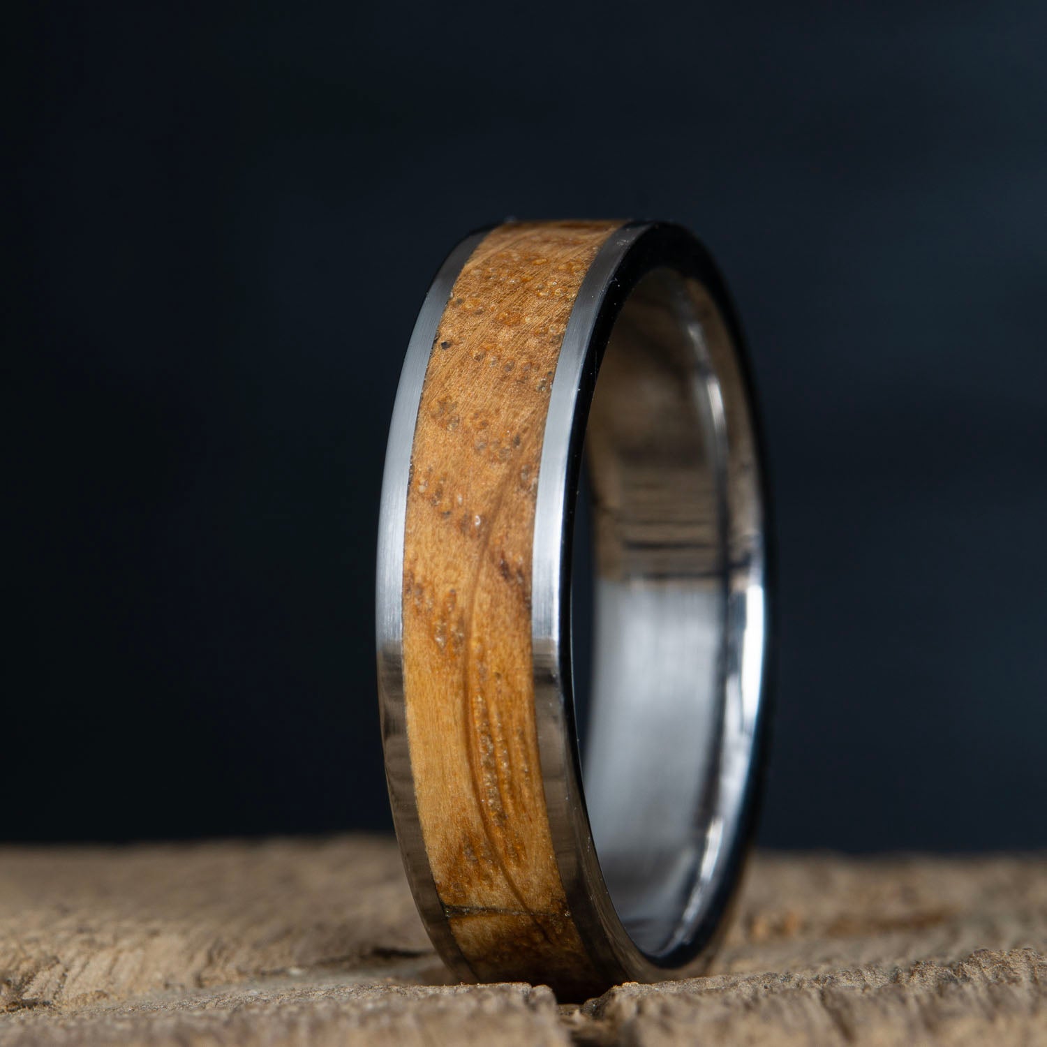 whiskey barrel inlay unique titanium wedding band