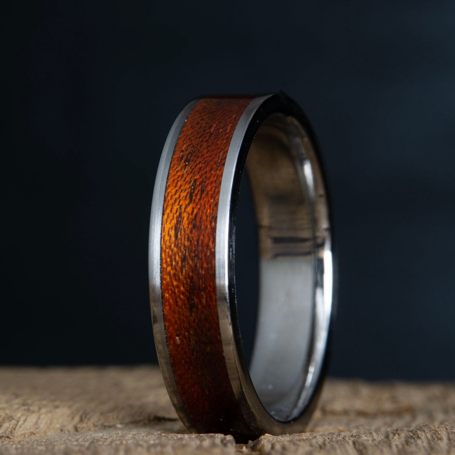 Acacia wood inlay unique mens wedding band
