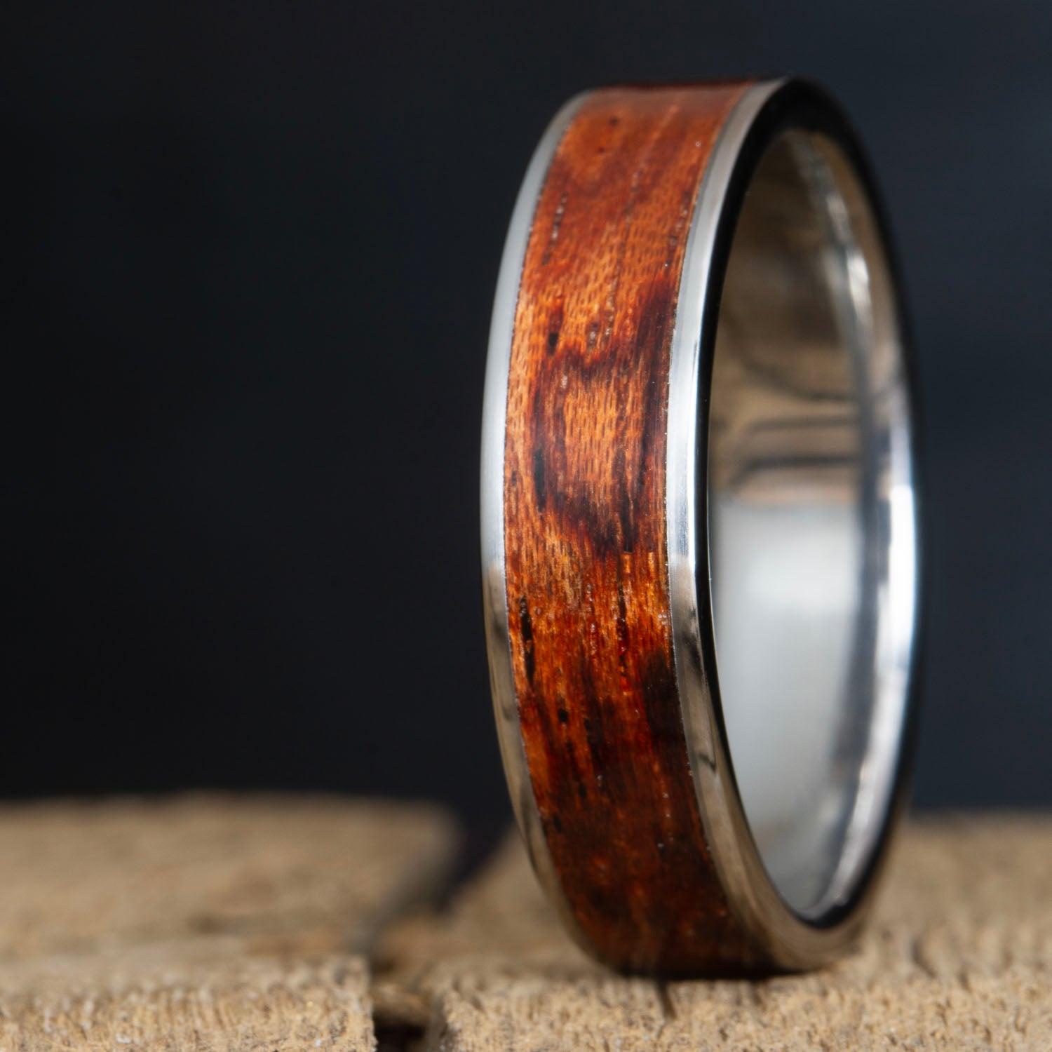 Bubinga wood inlay titanium unique mens wedding band