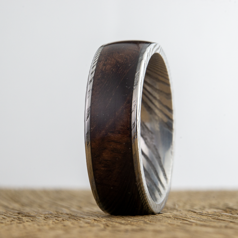 Damascus ring with figured Walnut inlay