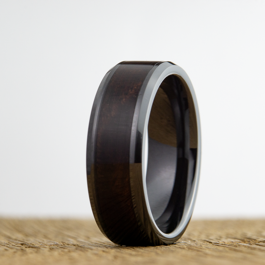 walnut wood and black ceramic wedding band