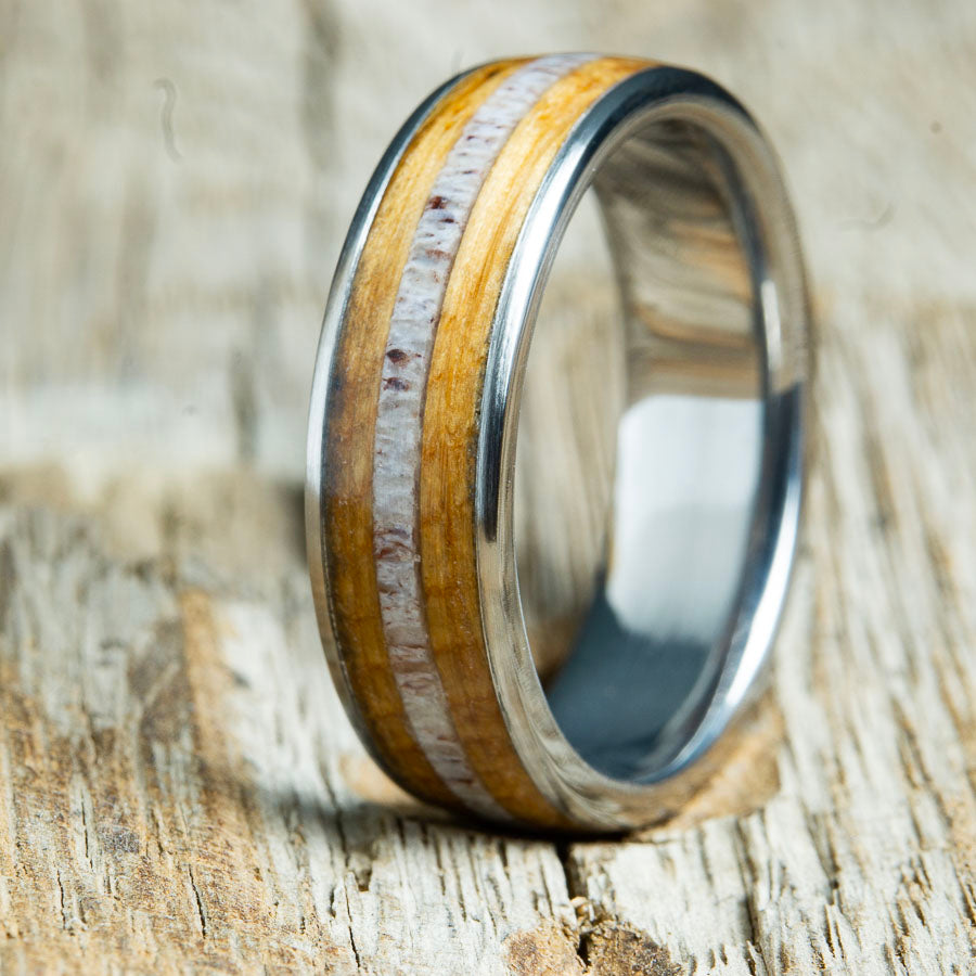 Whiskey and Antlers, Titanium ring with whiskey barrel wood