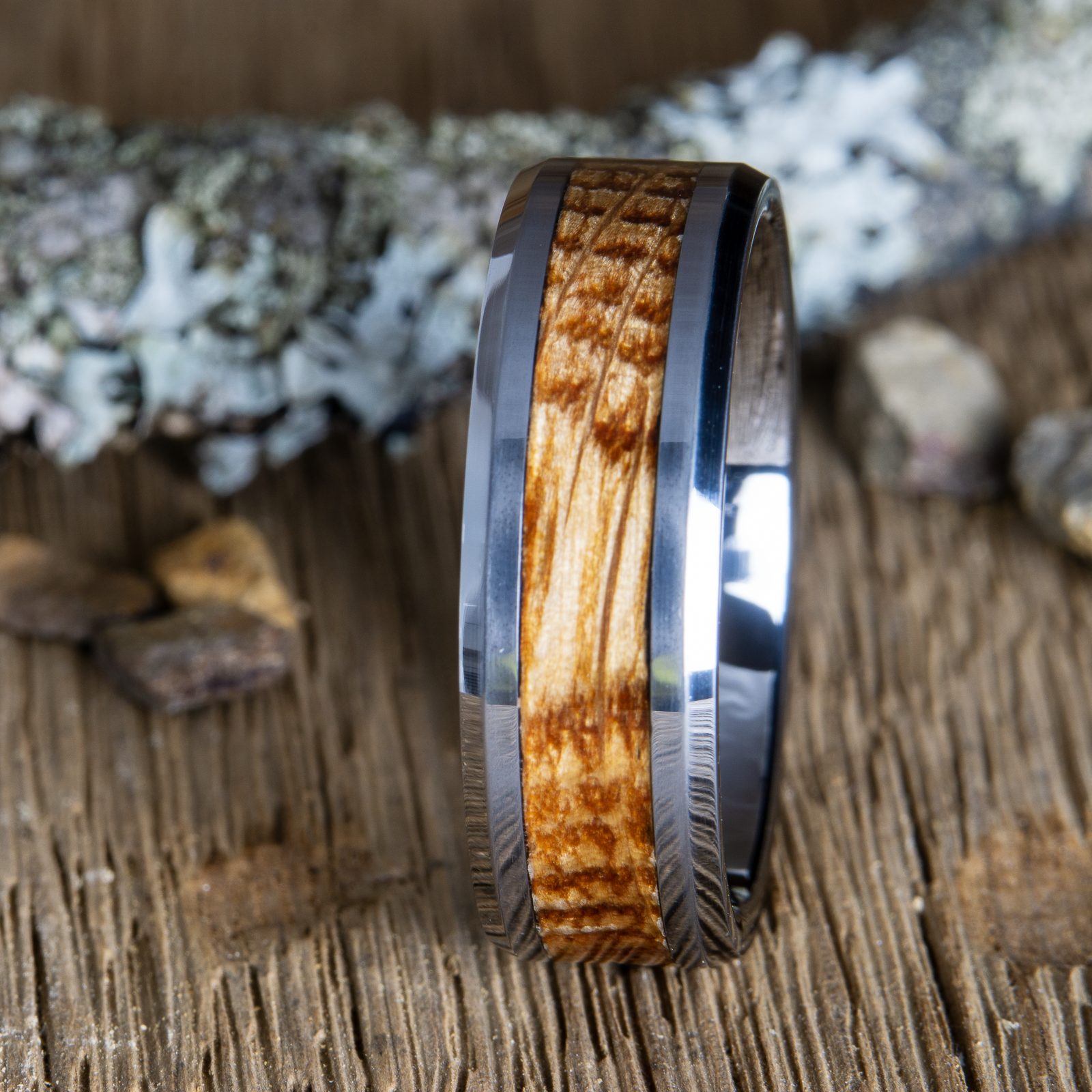 whiskey barrel wedding band with 8mm tungsten ring