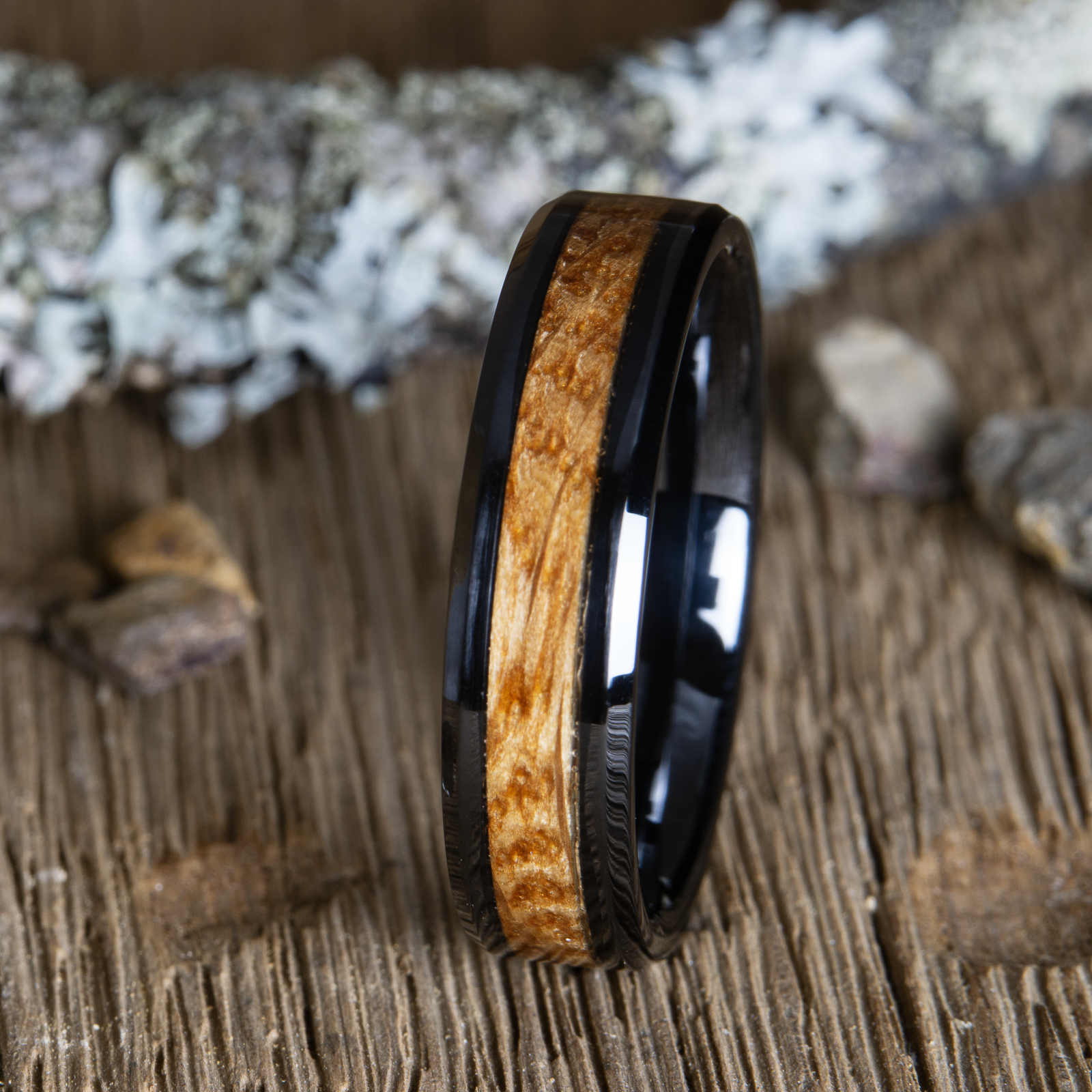 whiskey barrel ring with black titanium band