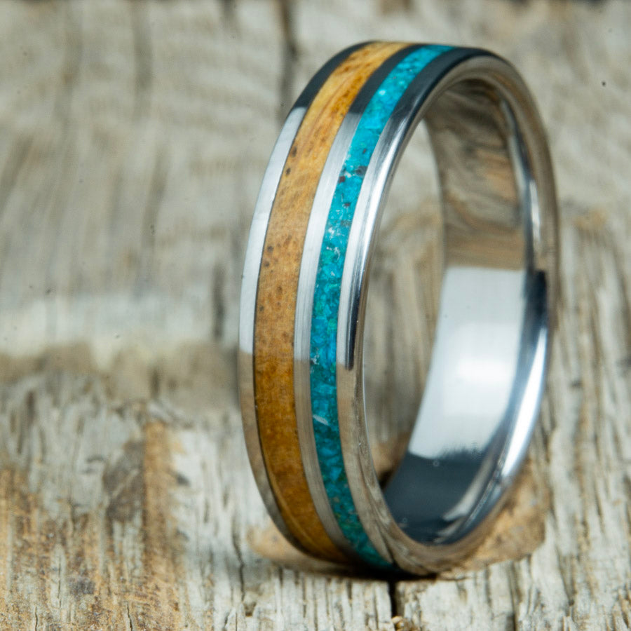 Unique wedding ring with Chrysocolla stone and Whiskey barrel wood