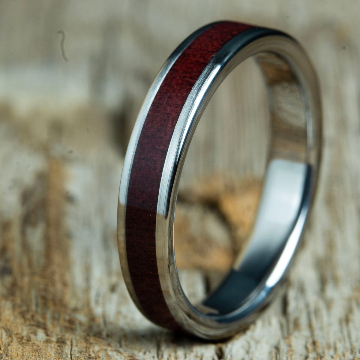 womens wood ring with purple heart and titanium