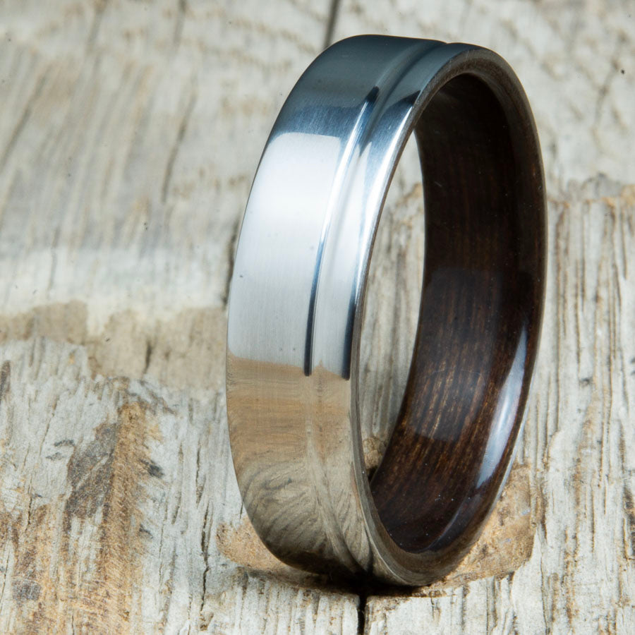 Ebony wooden ring with single groove polished titanium made for any finger size by Peacefield Titanium