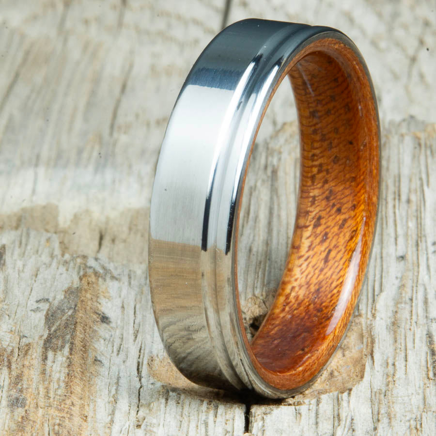 Acacia wooden ring with single groove polished titanium made for any finger size by Peacefield Titanium