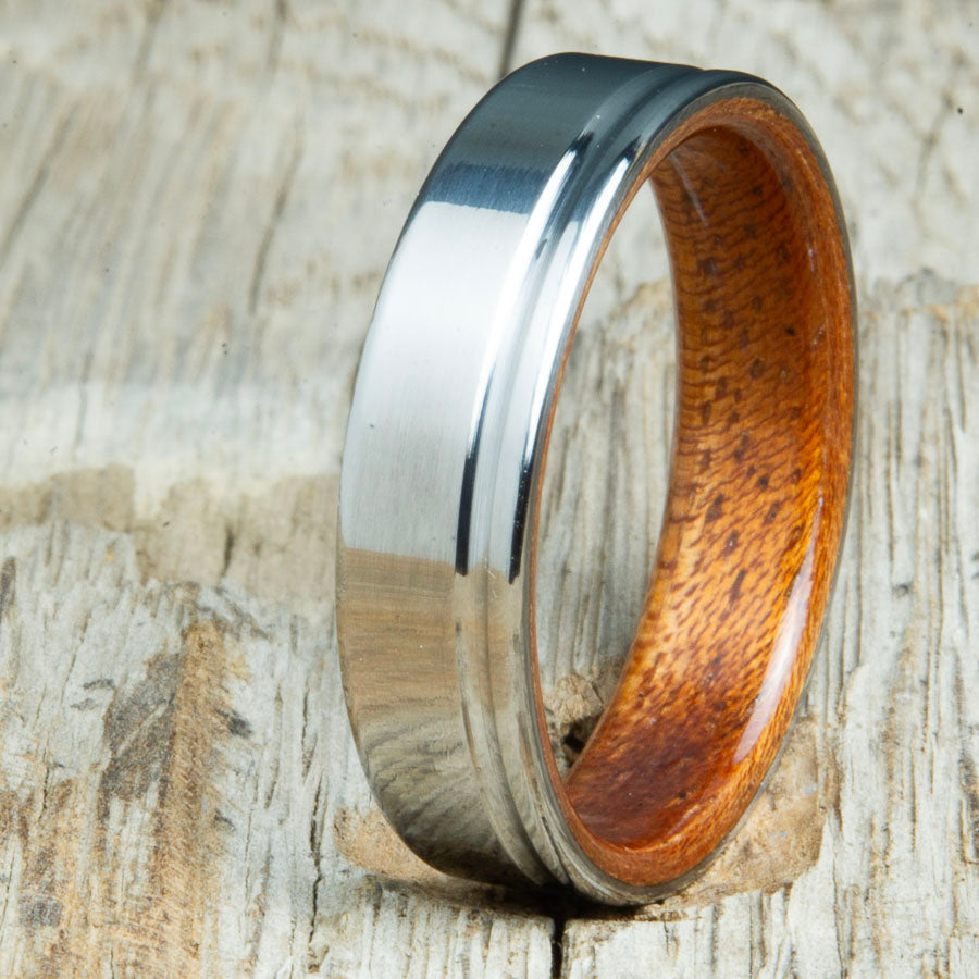 Acacia wooden ring with single groove polished titanium made for any finger size by Peacefield Titanium